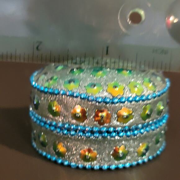 Mini Sequin Trinket Box 1" Silver Blue Small Boho Jewelry Holder - Picture 1 of 12